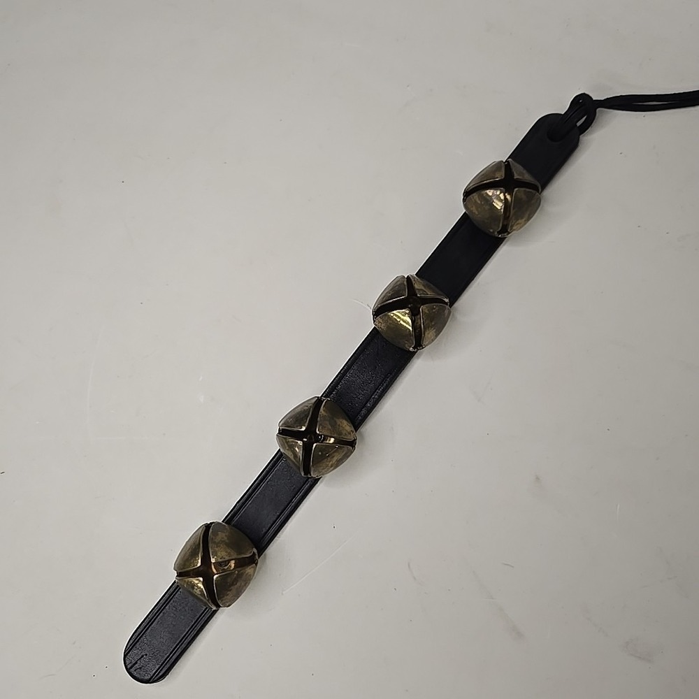 4-Bell Sleigh Bells, Antiqued‎ Brass Bells on Black Leather Strap, Handmade 14"